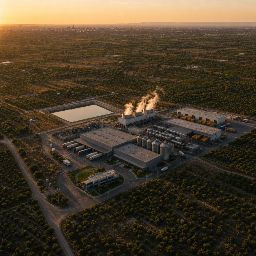 Vista aérea de instalação industrial integrada ao agronegócio ao entardecer